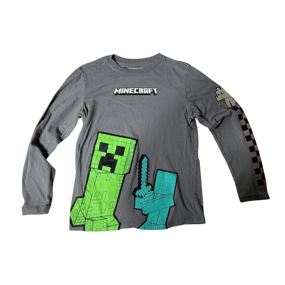 Minecraft Boys Long Sleeve Graphic Tee Gray Creeper Diamond Sword Size L 10/12